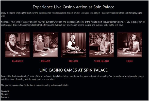 Live Dealer Games- Spin Palace casino
